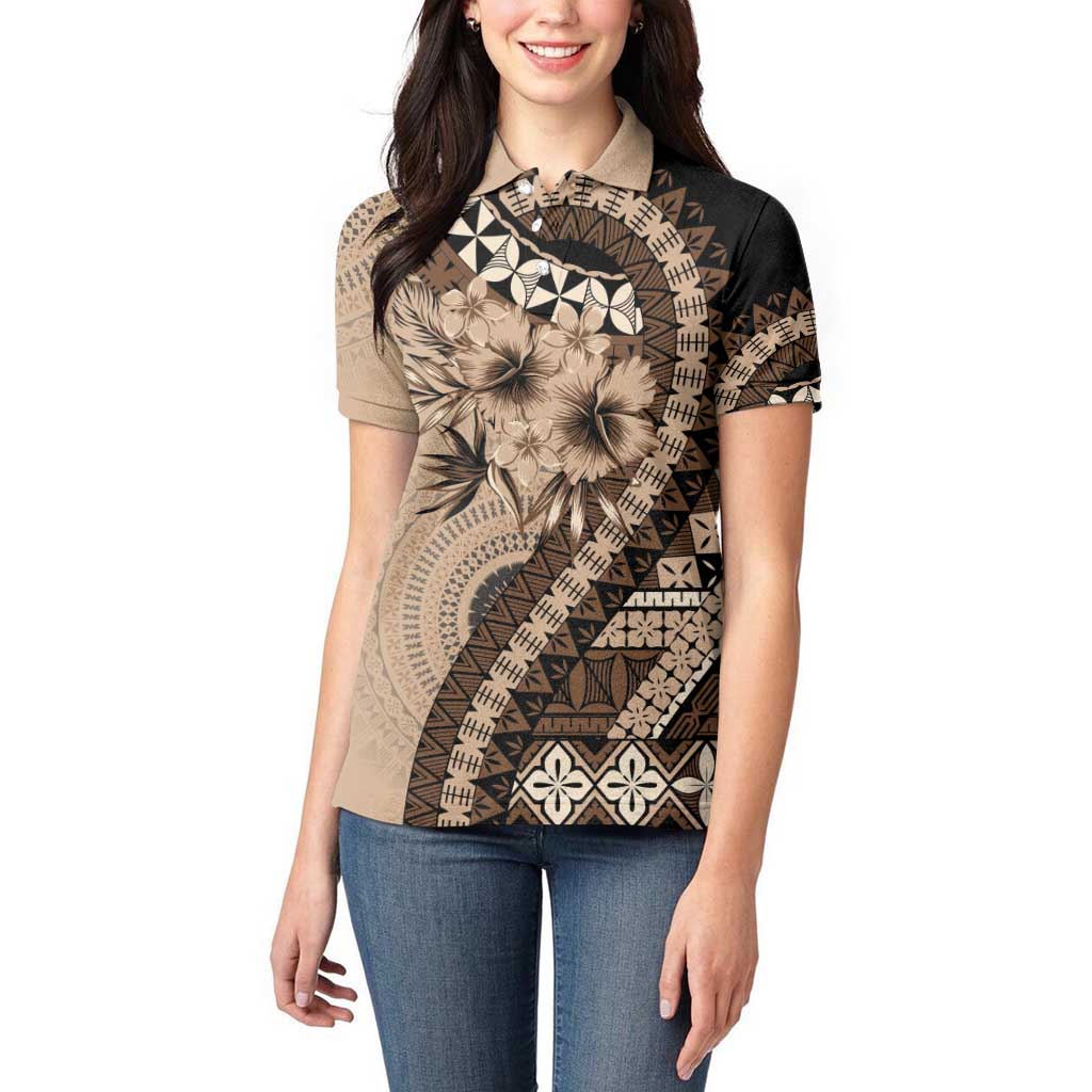 Bula Fiji Women Polo Shirt Mocha Brown Kaivity Masi Tapa