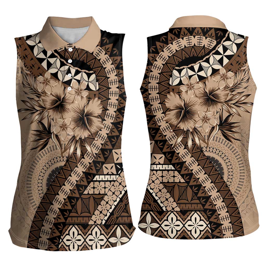 Bula Fiji Women Sleeveless Polo Shirt Mocha Brown Kaivity Masi Tapa