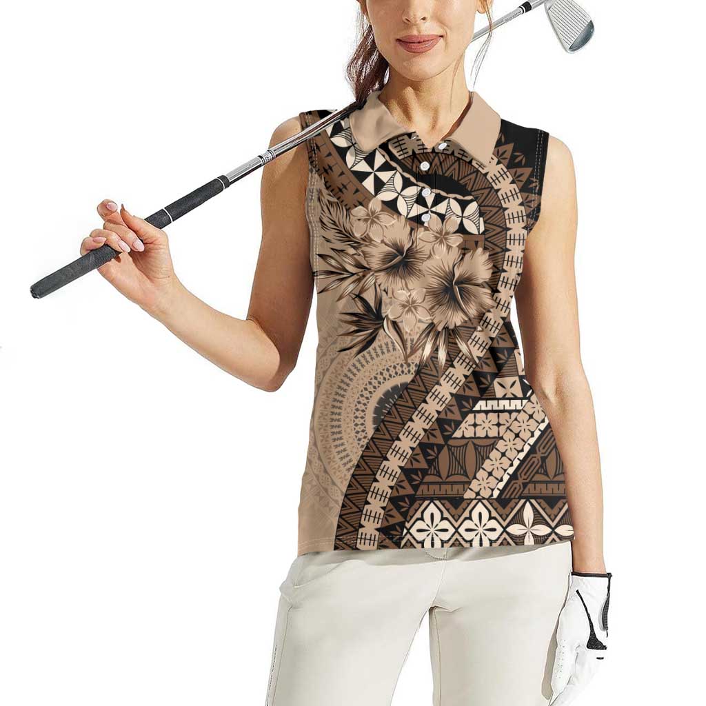 Bula Fiji Women Sleeveless Polo Shirt Mocha Brown Kaivity Masi Tapa