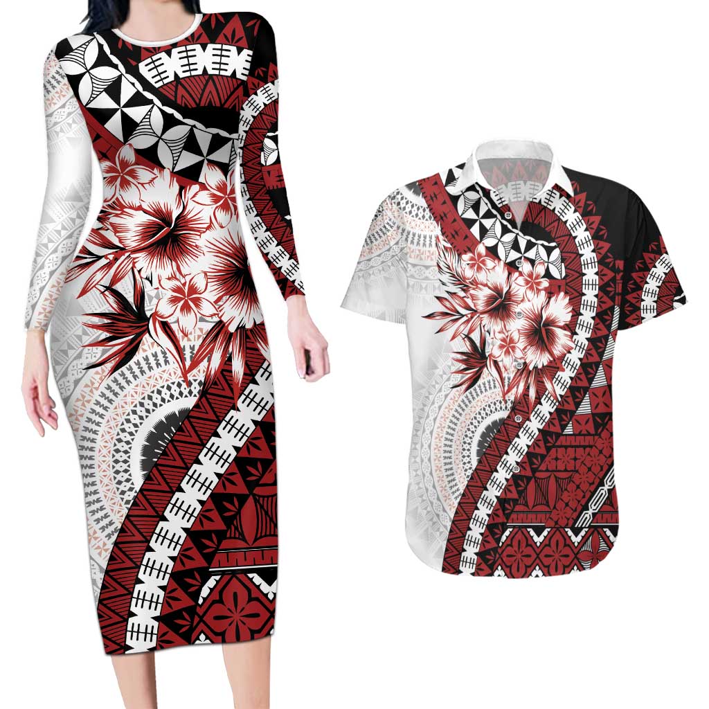 Bula Fiji Couples Matching Long Sleeve Bodycon Dress and Hawaiian Shirt White Kaivity Masi Tapa