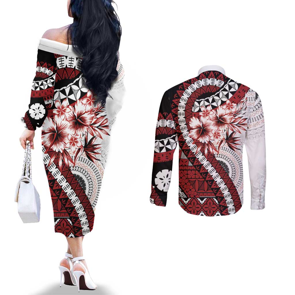 Bula Fiji Couples Matching Off The Shoulder Long Sleeve Dress and Long Sleeve Button Shirt White Kaivity Masi Tapa