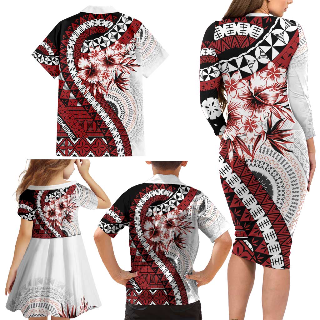 Bula Fiji Family Matching Long Sleeve Bodycon Dress and Hawaiian Shirt White Kaivity Masi Tapa