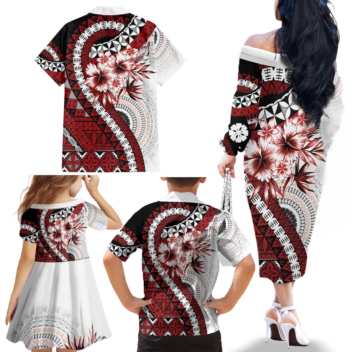 Bula Fiji Family Matching Off The Shoulder Long Sleeve Dress and Hawaiian Shirt White Kaivity Masi Tapa