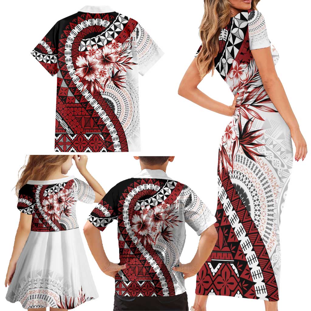 Bula Fiji Family Matching Short Sleeve Bodycon Dress and Hawaiian Shirt White Kaivity Masi Tapa
