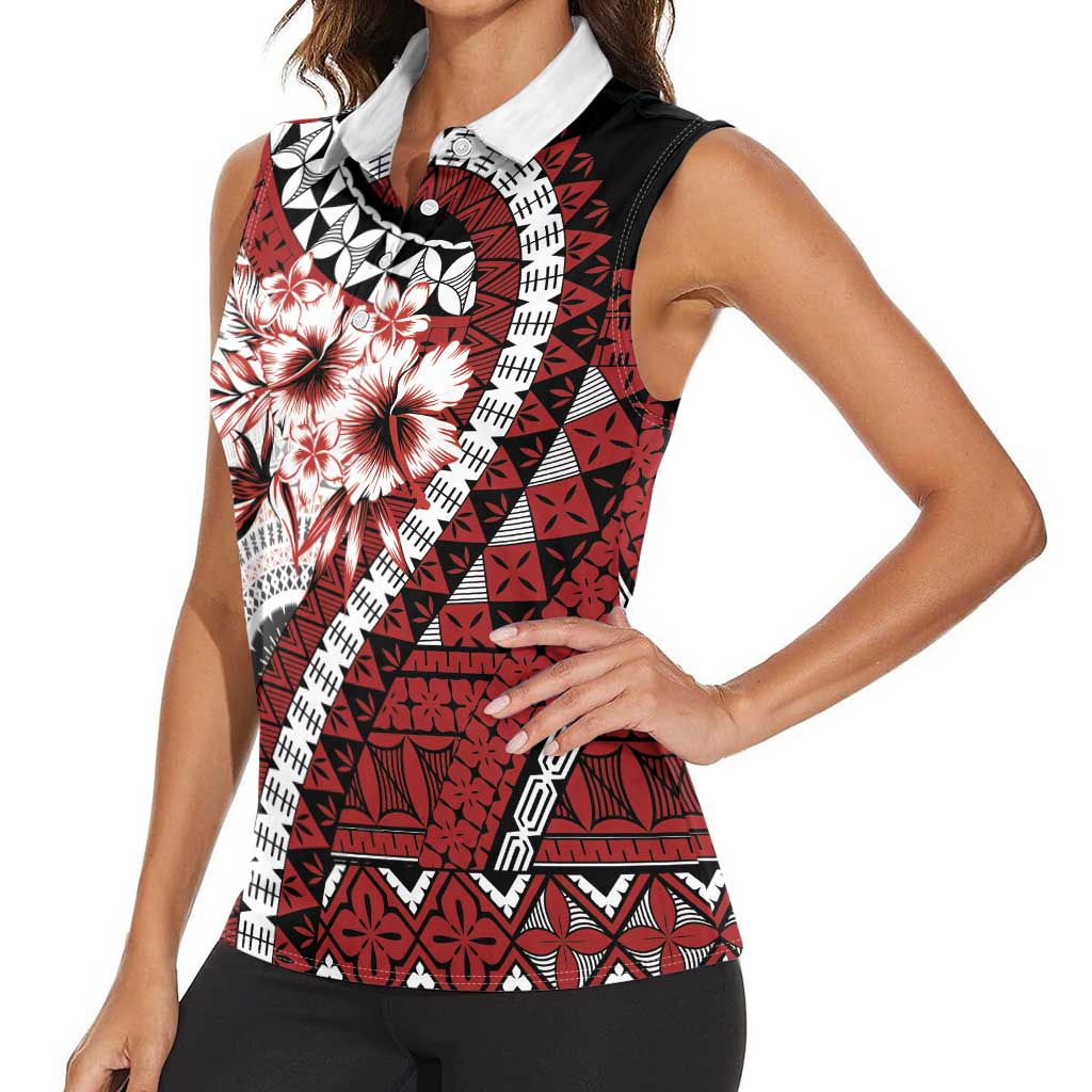 Bula Fiji Women Sleeveless Polo Shirt White Kaivity Masi Tapa