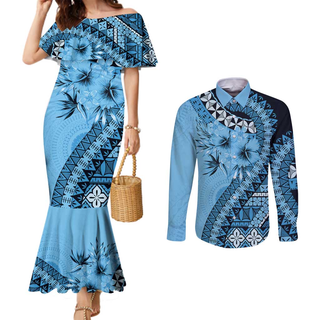 Bula Fiji Couples Matching Mermaid Dress and Long Sleeve Button Shirt Turquoise Kaivity Masi Tapa