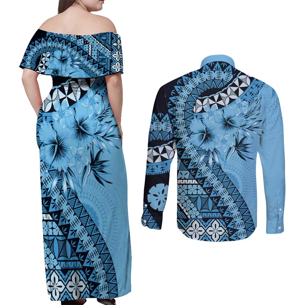 Bula Fiji Couples Matching Off Shoulder Maxi Dress and Long Sleeve Button Shirt Turquoise Kaivity Masi Tapa