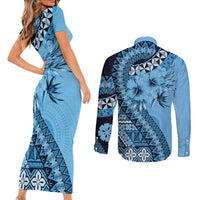 Bula Fiji Couples Matching Short Sleeve Bodycon Dress and Long Sleeve Button Shirt Turquoise Kaivity Masi Tapa