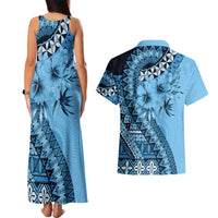 Bula Fiji Couples Matching Tank Maxi Dress and Hawaiian Shirt Turquoise Kaivity Masi Tapa