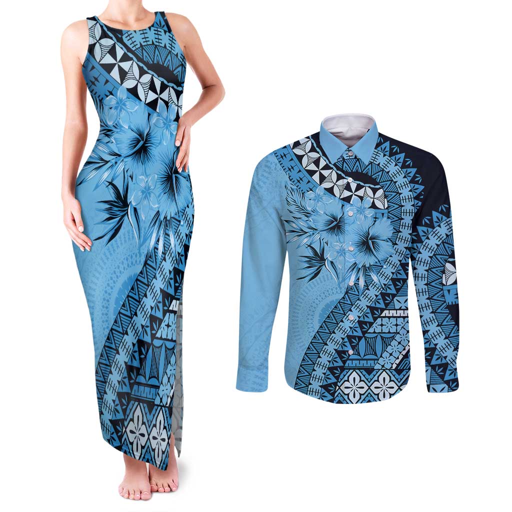 Bula Fiji Couples Matching Tank Maxi Dress and Long Sleeve Button Shirt Turquoise Kaivity Masi Tapa