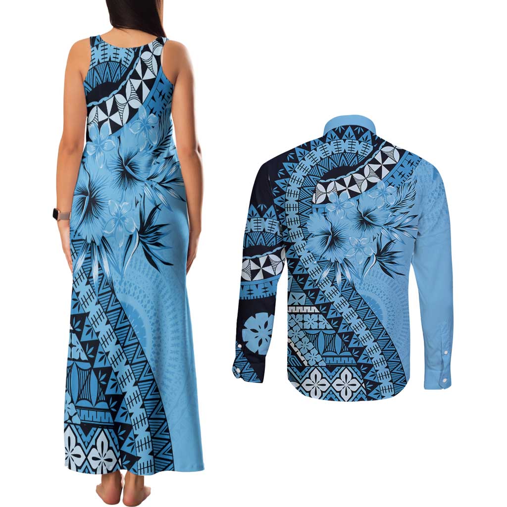Bula Fiji Couples Matching Tank Maxi Dress and Long Sleeve Button Shirt Turquoise Kaivity Masi Tapa