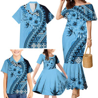 Bula Fiji Family Matching Mermaid Dress and Hawaiian Shirt Turquoise Kaivity Masi Tapa