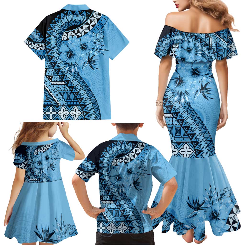 Bula Fiji Family Matching Mermaid Dress and Hawaiian Shirt Turquoise Kaivity Masi Tapa