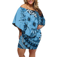 Bula Fiji Family Matching Off Shoulder Short Dress and Hawaiian Shirt Turquoise Kaivity Masi Tapa