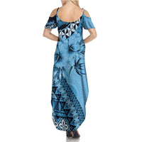 Bula Fiji Family Matching Summer Maxi Dress and Hawaiian Shirt Turquoise Kaivity Masi Tapa