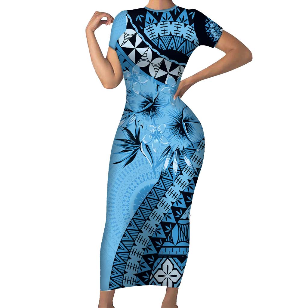 Bula Fiji Short Sleeve Bodycon Dress Turquoise Kaivity Masi Tapa LT7 Long Dress Turquoise - Polynesian Pride