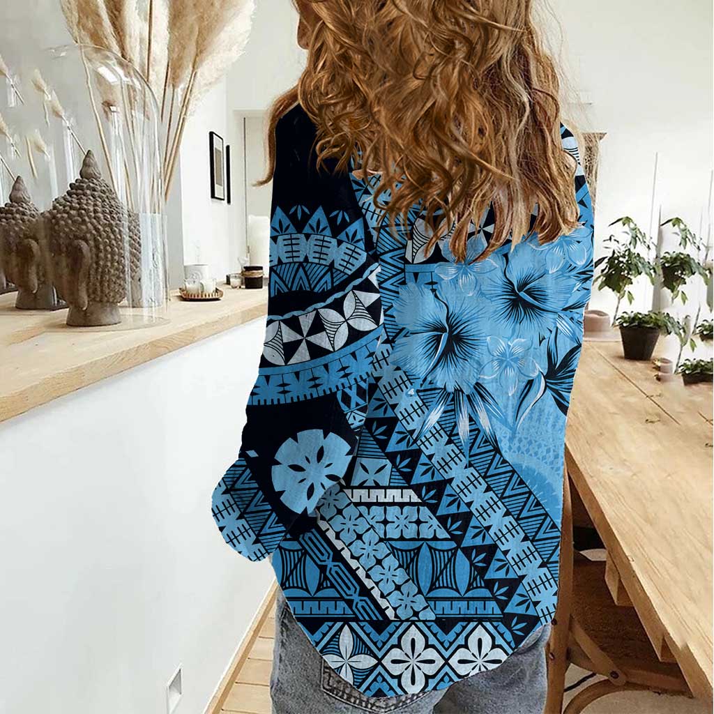 Bula Fiji Women Casual Shirt Turquoise Kaivity Masi Tapa