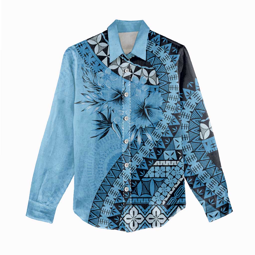 Bula Fiji Women Casual Shirt Turquoise Kaivity Masi Tapa