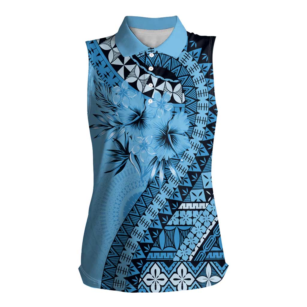 Bula Fiji Women Sleeveless Polo Shirt Turquoise Kaivity Masi Tapa