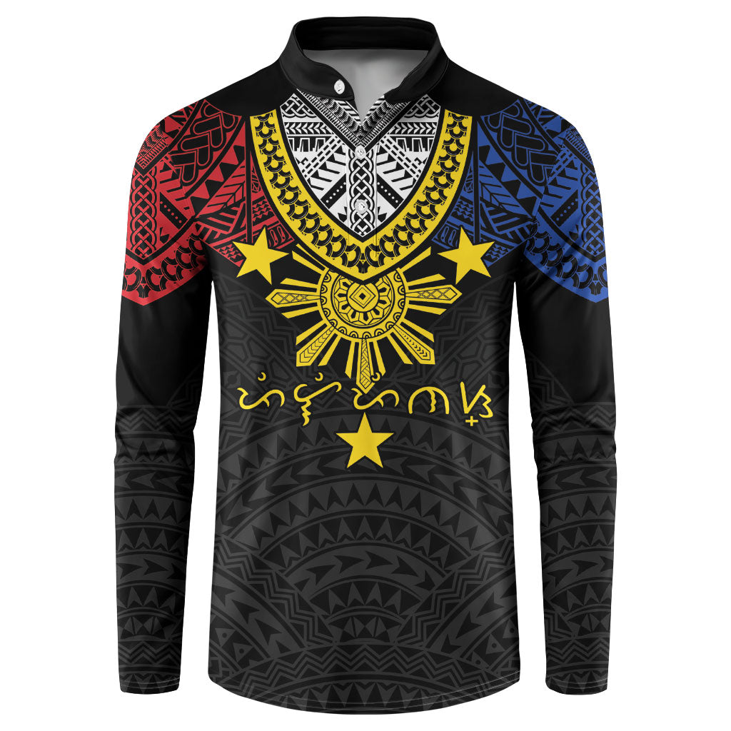 Philippines Heritage Baybayin Mix Polynesian Button Sweatshirt LT7 Black - Polynesian Pride