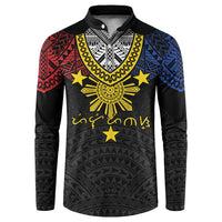 Philippines Heritage Baybayin Mix Polynesian Button Sweatshirt LT7 Black - Polynesian Pride