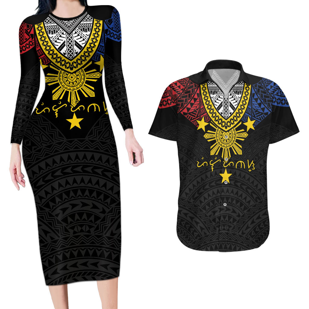 Philippines Heritage Baybayin Mix Polynesian Couples Matching Long Sleeve Bodycon Dress and Hawaiian Shirt