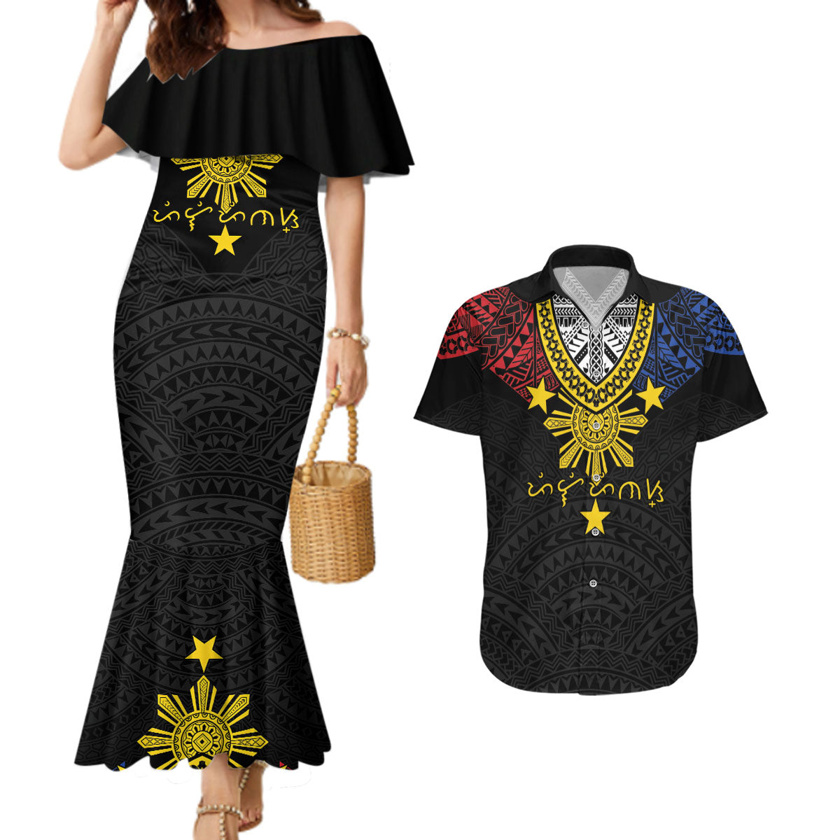 Philippines Heritage Baybayin Mix Polynesian Couples Matching Mermaid Dress and Hawaiian Shirt