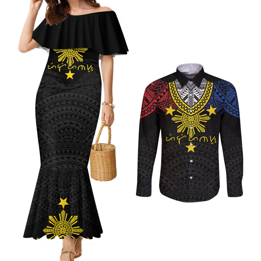 Philippines Heritage Baybayin Mix Polynesian Couples Matching Mermaid Dress and Long Sleeve Button Shirt