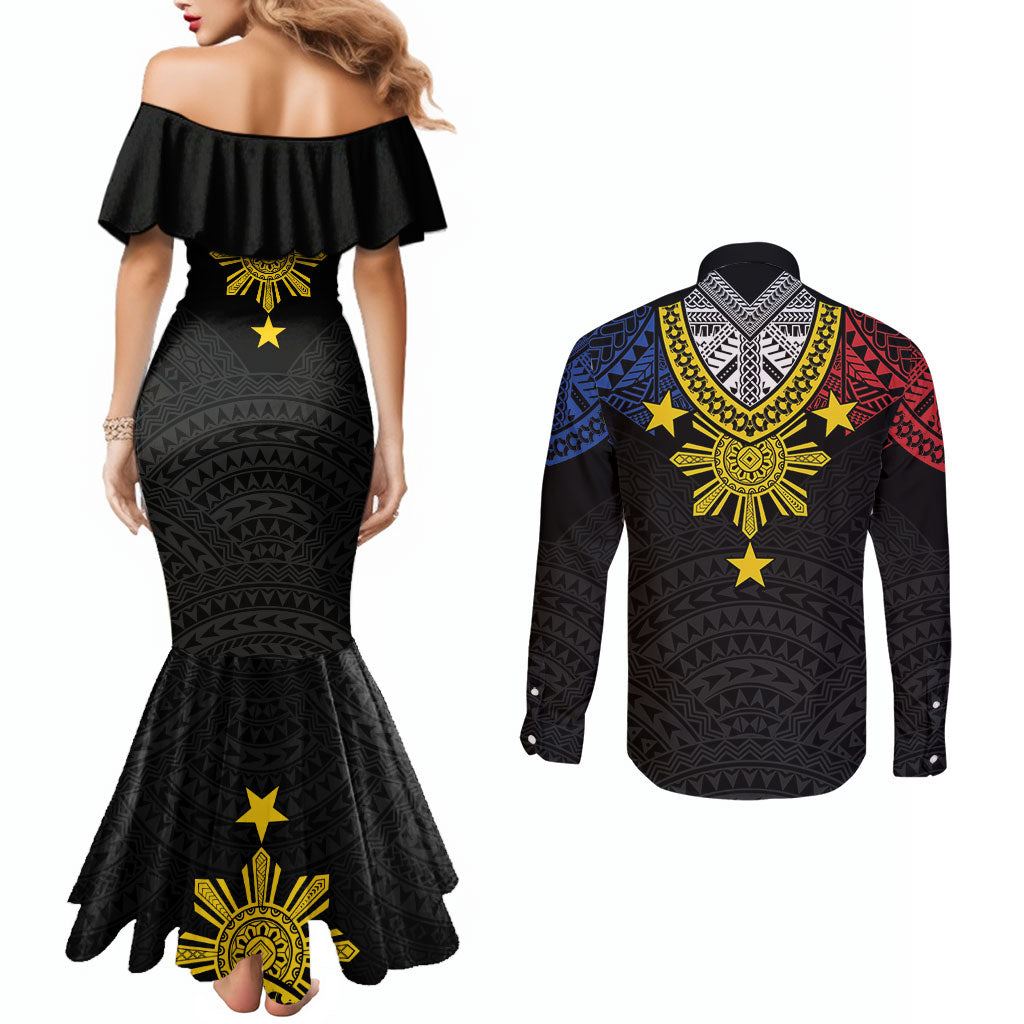 Philippines Heritage Baybayin Mix Polynesian Couples Matching Mermaid Dress and Long Sleeve Button Shirt LT7 - Polynesian Pride