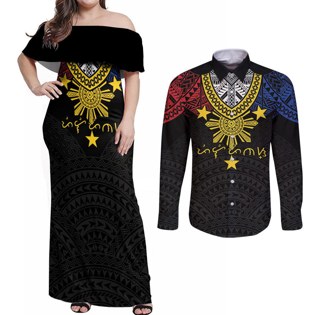 Philippines Heritage Baybayin Mix Polynesian Couples Matching Off Shoulder Maxi Dress and Long Sleeve Button Shirt LT7 Black - Polynesian Pride