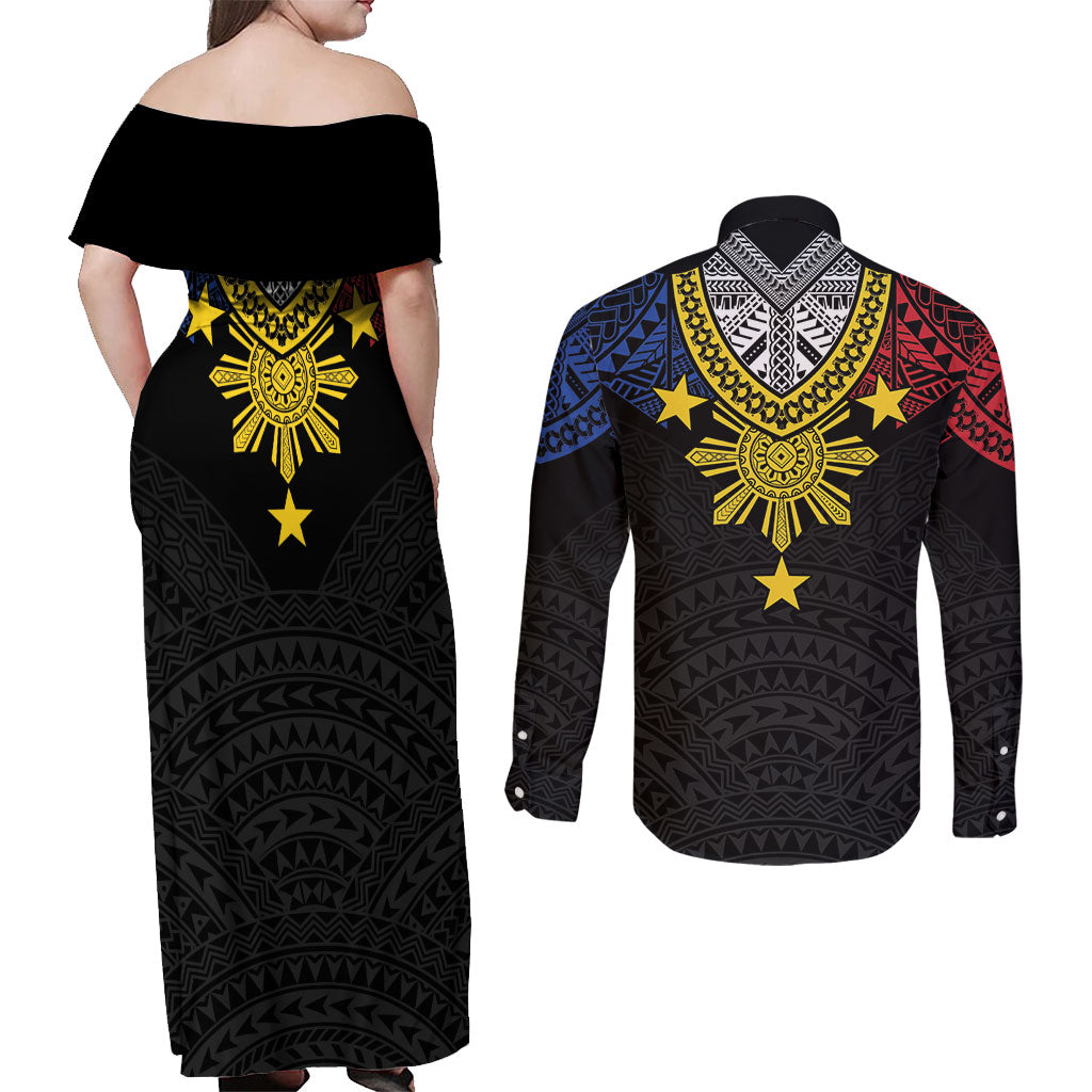 Philippines Heritage Baybayin Mix Polynesian Couples Matching Off Shoulder Maxi Dress and Long Sleeve Button Shirt LT7 - Polynesian Pride
