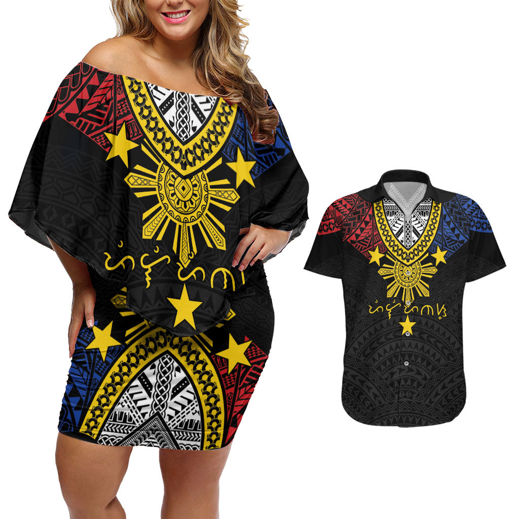 Philippines Heritage Baybayin Mix Polynesian Couples Matching Off Shoulder Short Dress and Hawaiian Shirt LT7 Black - Polynesian Pride
