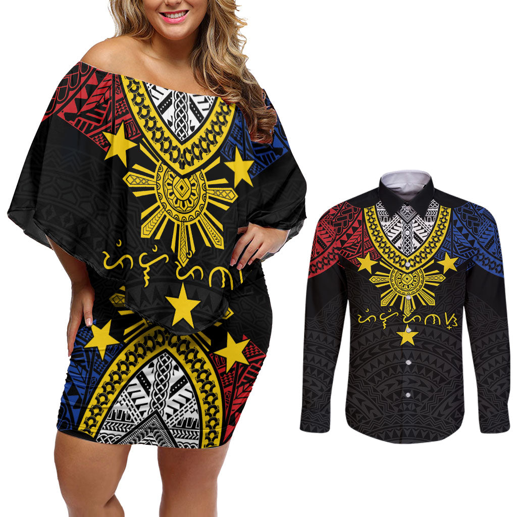 Philippines Heritage Baybayin Mix Polynesian Couples Matching Off Shoulder Short Dress and Long Sleeve Button Shirt LT7 Black - Polynesian Pride