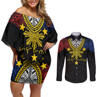 Philippines Heritage Baybayin Mix Polynesian Couples Matching Off Shoulder Short Dress and Long Sleeve Button Shirt LT7 Black - Polynesian Pride