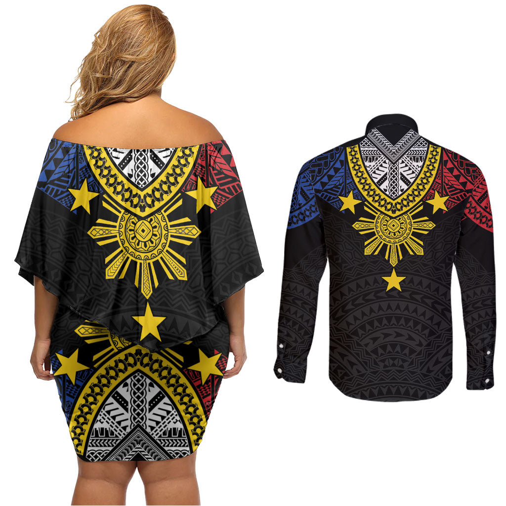 Philippines Heritage Baybayin Mix Polynesian Couples Matching Off Shoulder Short Dress and Long Sleeve Button Shirt LT7 - Polynesian Pride