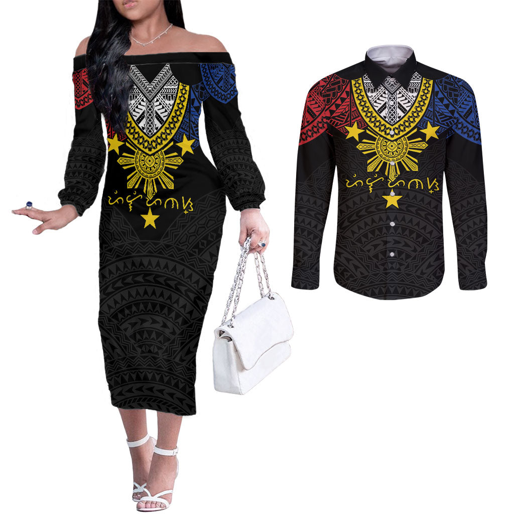 Philippines Heritage Baybayin Mix Polynesian Couples Matching Off The Shoulder Long Sleeve Dress and Long Sleeve Button Shirt LT7 Black - Polynesian Pride
