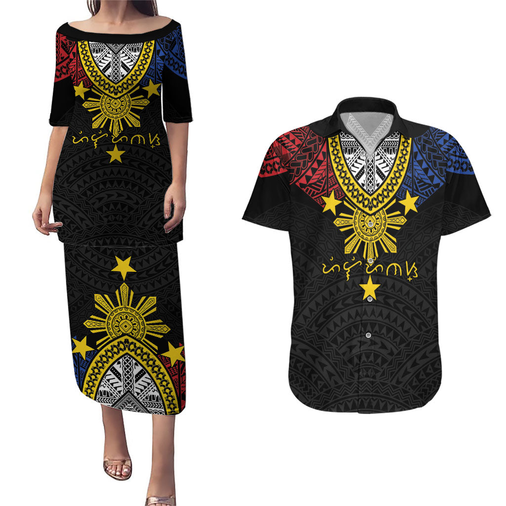 Philippines Heritage Baybayin Mix Polynesian Couples Matching Puletasi and Hawaiian Shirt LT7 Black - Polynesian Pride