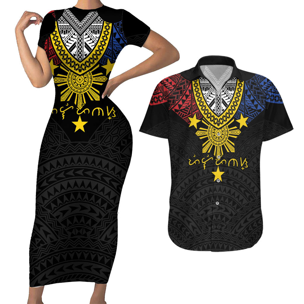 Philippines Heritage Baybayin Mix Polynesian Couples Matching Short Sleeve Bodycon Dress and Hawaiian Shirt