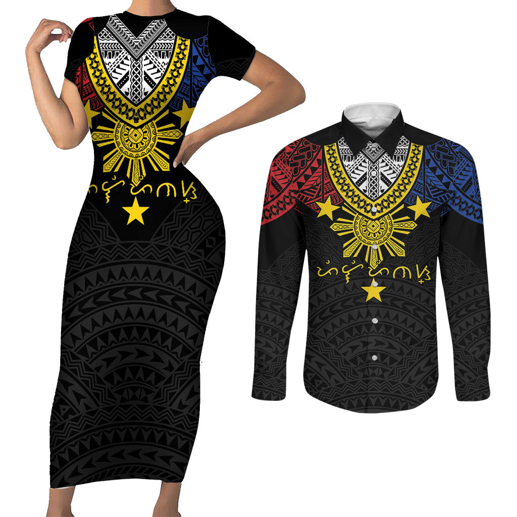 Philippines Heritage Baybayin Mix Polynesian Couples Matching Short Sleeve Bodycon Dress and Long Sleeve Button Shirt LT7 Black - Polynesian Pride