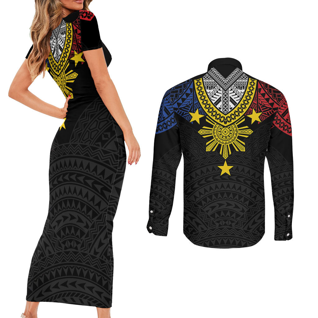 Philippines Heritage Baybayin Mix Polynesian Couples Matching Short Sleeve Bodycon Dress and Long Sleeve Button Shirt LT7 - Polynesian Pride