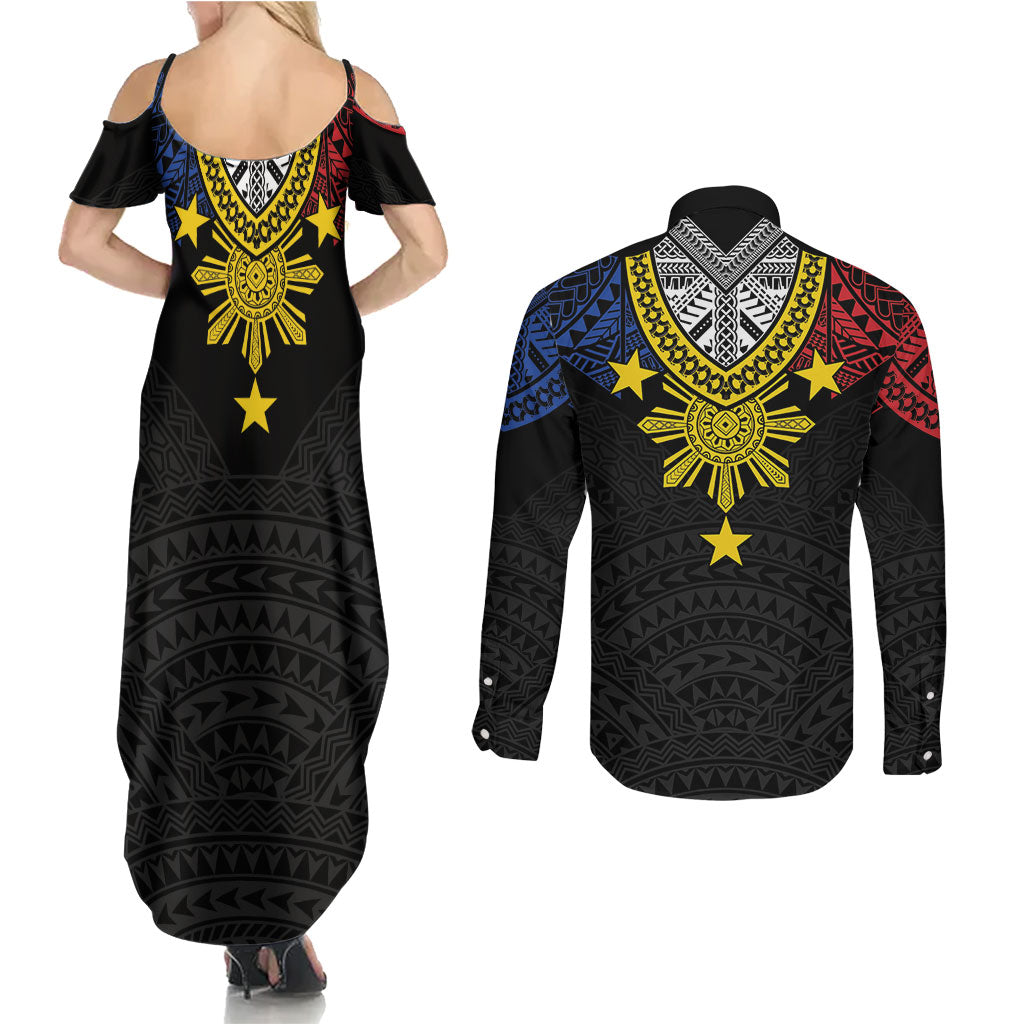 Philippines Heritage Baybayin Mix Polynesian Couples Matching Summer Maxi Dress and Long Sleeve Button Shirt LT7 - Polynesian Pride