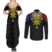 Philippines Heritage Baybayin Mix Polynesian Couples Matching Summer Maxi Dress and Long Sleeve Button Shirt LT7 - Polynesian Pride