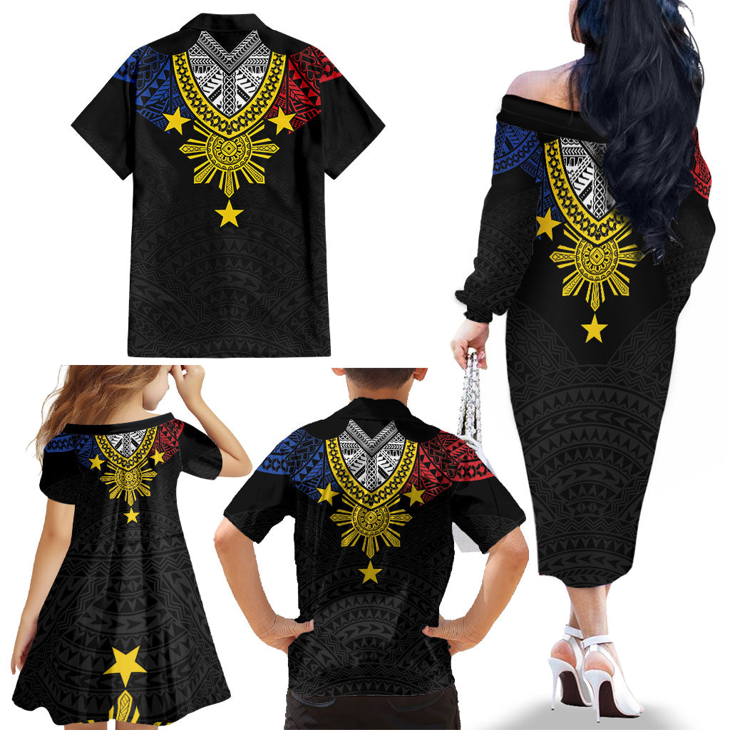 Philippines Heritage Baybayin Mix Polynesian Family Matching Off The Shoulder Long Sleeve Dress and Hawaiian Shirt