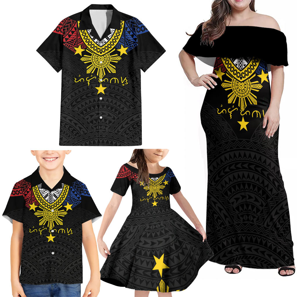Philippines Heritage Baybayin Mix Polynesian Family Matching Off Shoulder Maxi Dress and Hawaiian Shirt