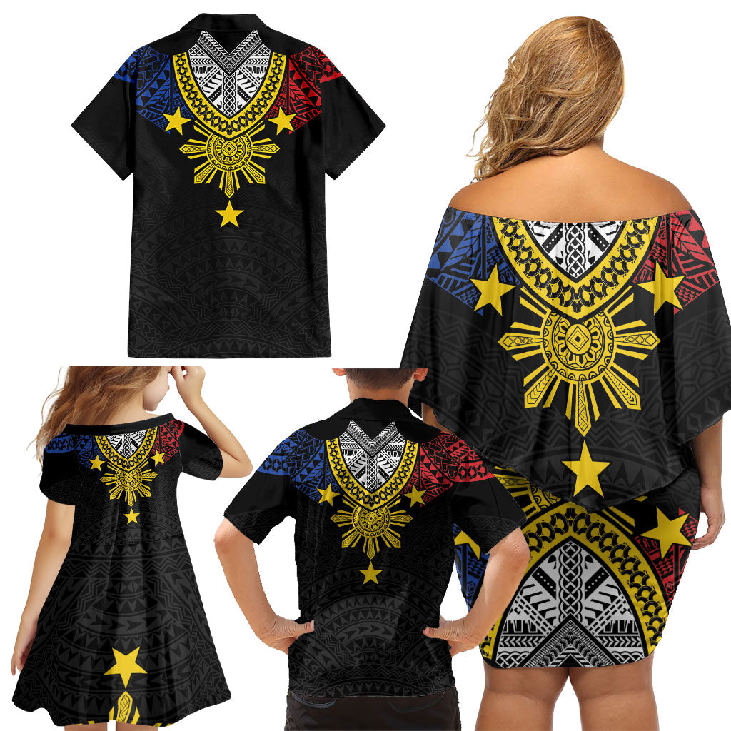 Philippines Heritage Baybayin Mix Polynesian Family Matching Off Shoulder Short Dress and Hawaiian Shirt