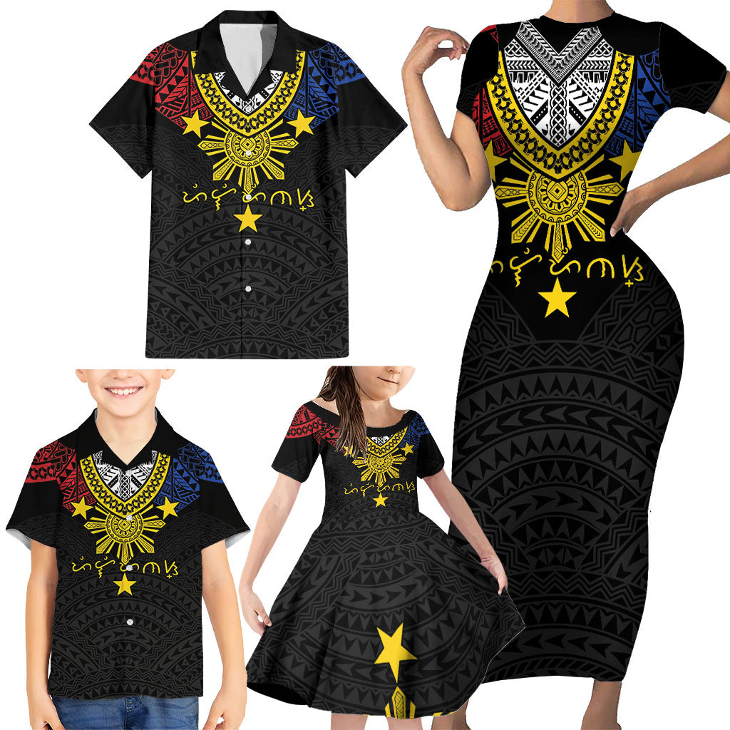 Philippines Heritage Baybayin Mix Polynesian Family Matching Short Sleeve Bodycon Dress and Hawaiian Shirt