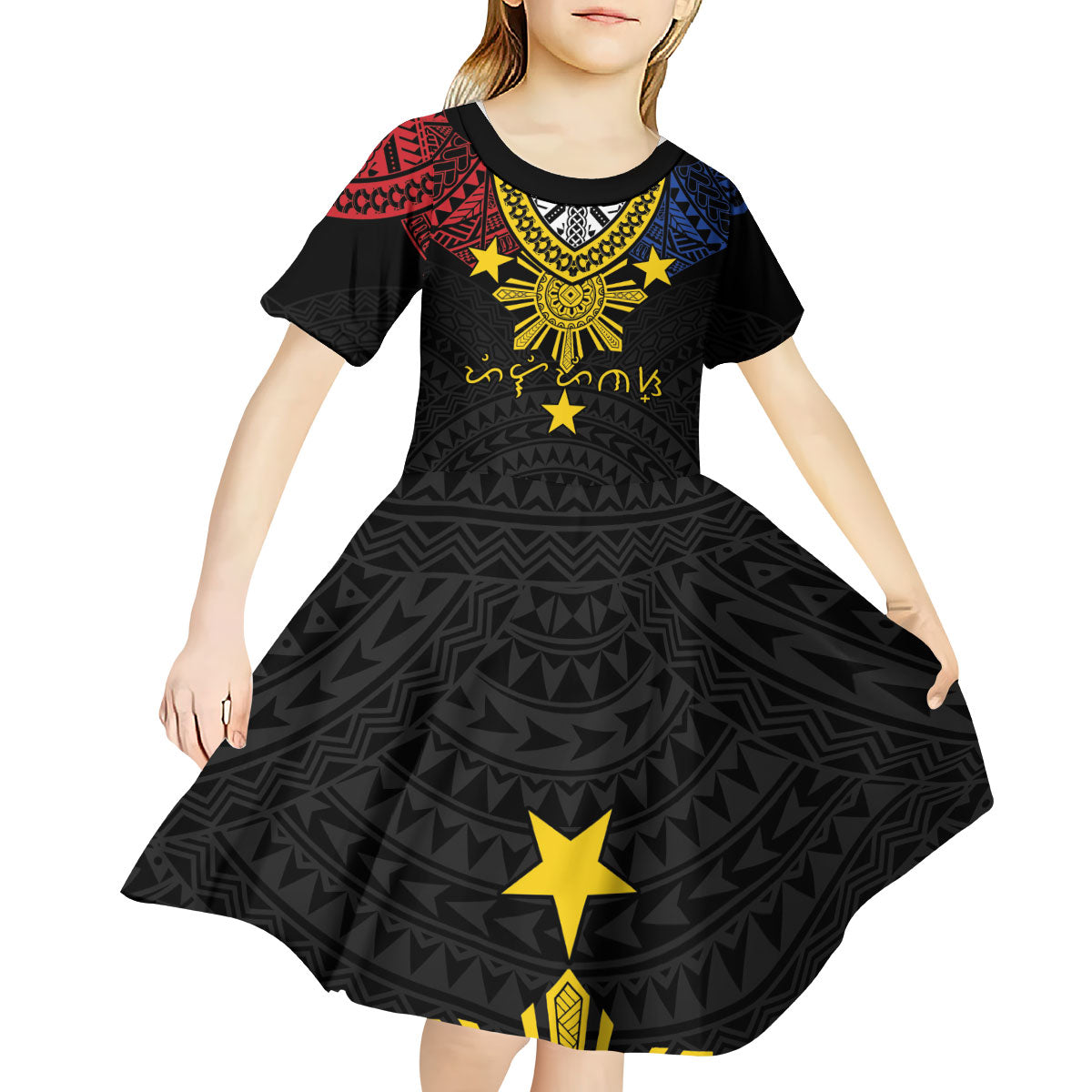 Philippines Heritage Baybayin Mix Polynesian Kid Short Sleeve Dress LT7 - Polynesian Pride