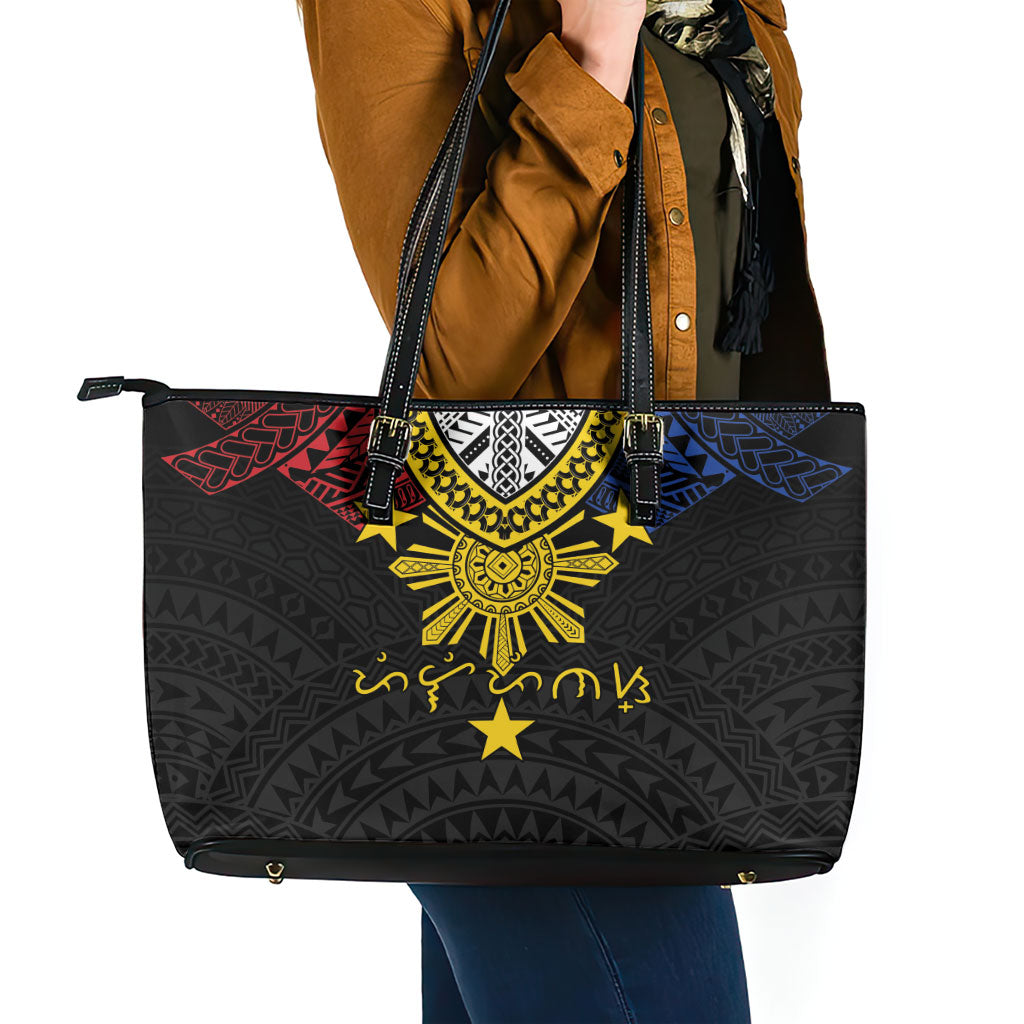 Philippines Heritage Baybayin Mix Polynesian Leather Tote Bag LT7 - Polynesian Pride