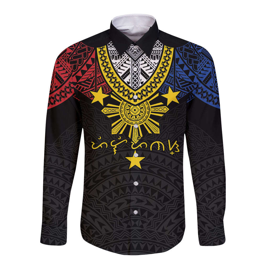 Philippines Heritage Baybayin Mix Polynesian Long Sleeve Button Shirt LT7 Unisex Black - Polynesian Pride