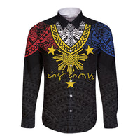 Philippines Heritage Baybayin Mix Polynesian Long Sleeve Button Shirt LT7 Unisex Black - Polynesian Pride
